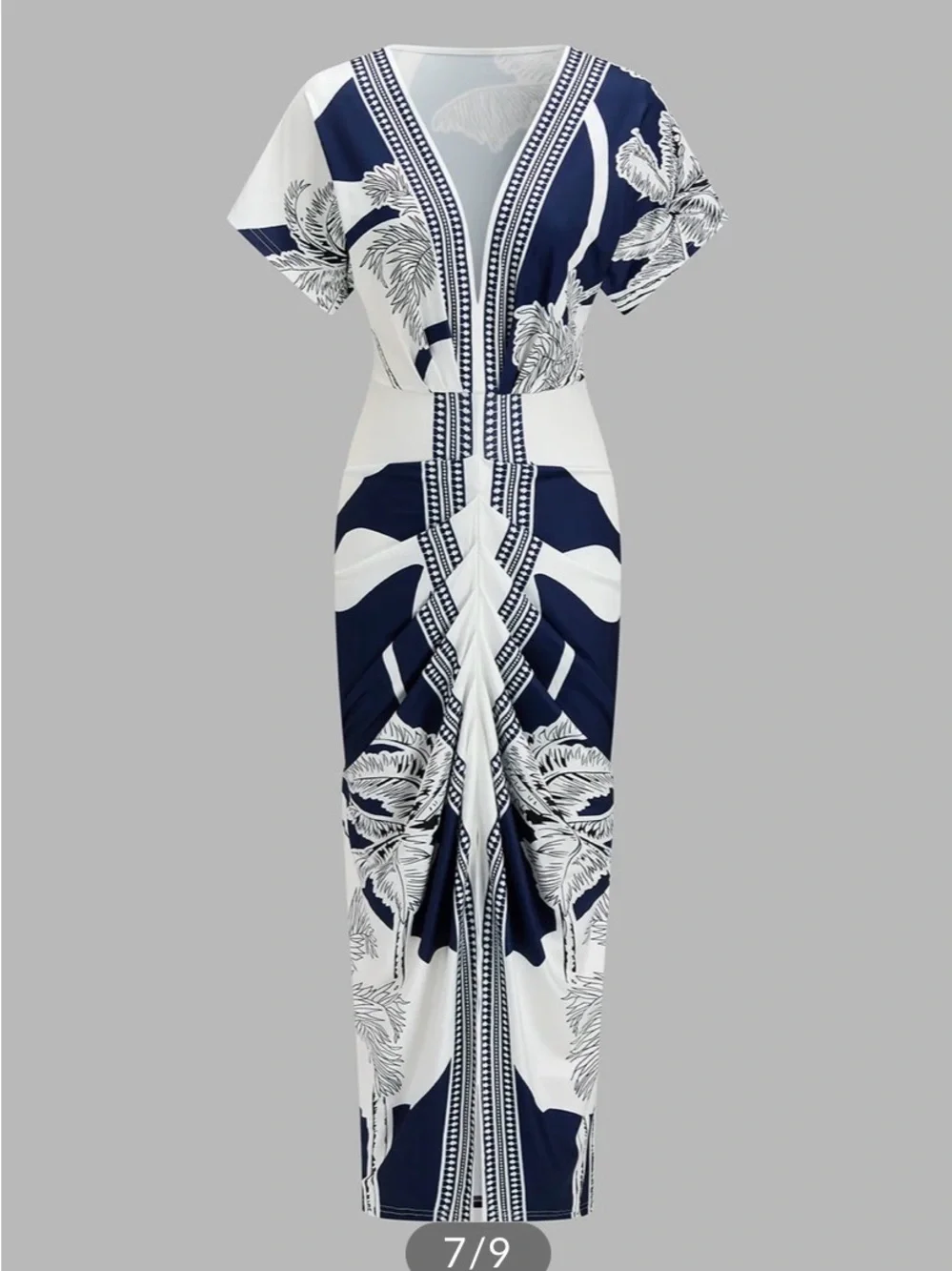 COMMENSE Printed Deep V-Neck Navy & White Midi Dress - Picture 4 of 7